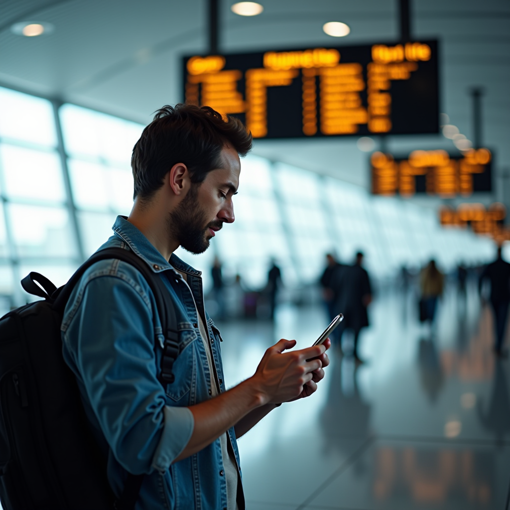Traveler using smartphone at international airport terminal with departure boards in background, modern bright setting, person checking mobile phone for roaming settings