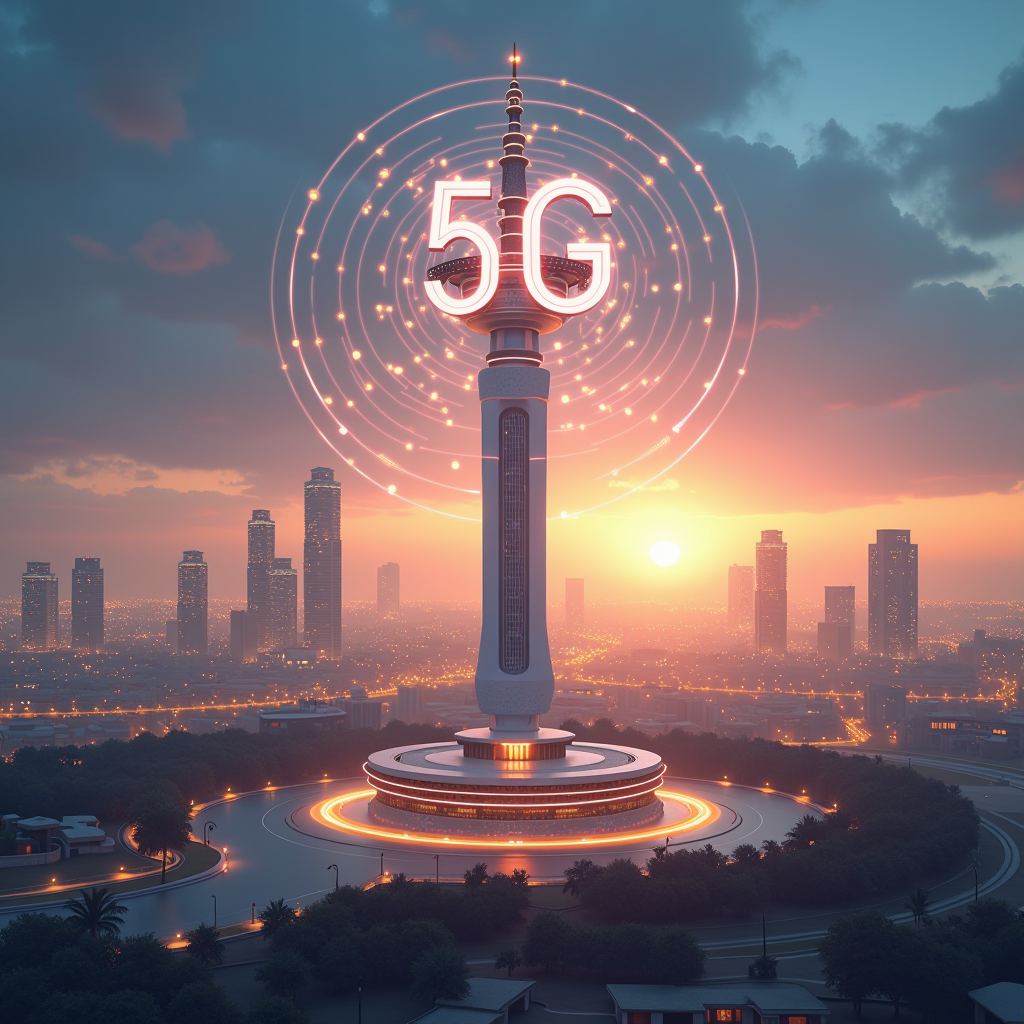 Modern 5G network tower in Muscat, Oman with city skyline in background, digital connectivity waves and signals radiating from tower, sunset lighting, futuristic technology concept