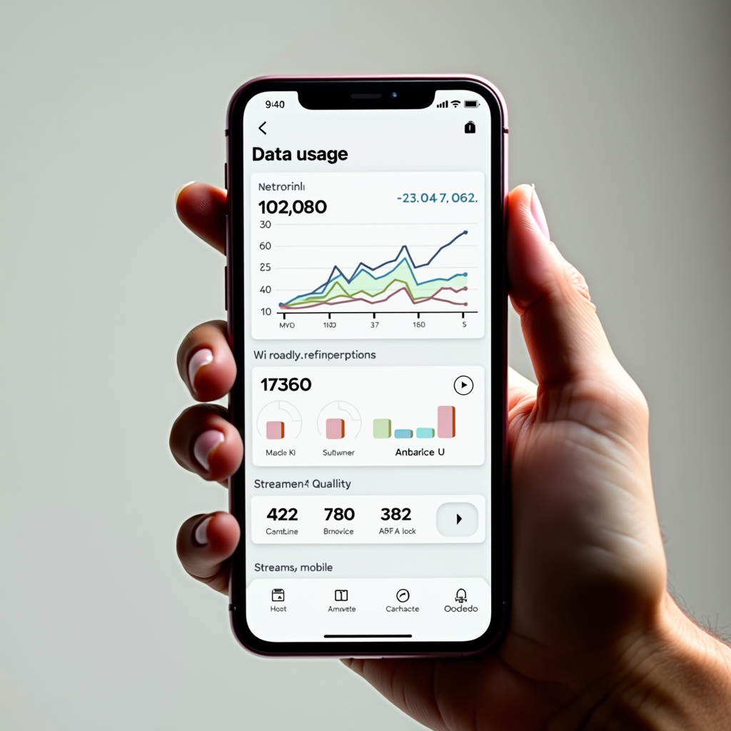 Smartphone screen displaying data usage monitoring app with graphs showing mobile data consumption patterns, Wi-Fi optimization settings, and streaming quality controls for Omantel and Ooredoo networks in Oman