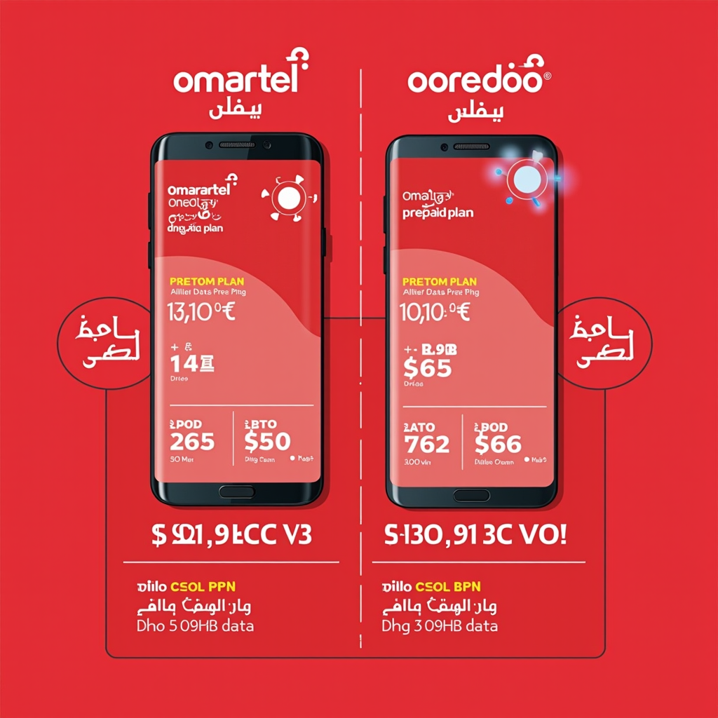 Side-by-side comparison chart of Omantel and Ooredoo prepaid mobile plans with pricing details, data allowances displayed on smartphone screens, Omani telecom logos and plan features