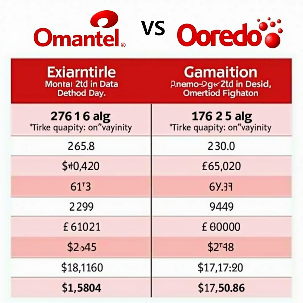 Side-by-side comparison chart showing Omantel and Ooredoo prepaid mobile plan options with pricing tables, data allowances, validity periods, and promotional offers for Oman mobile users