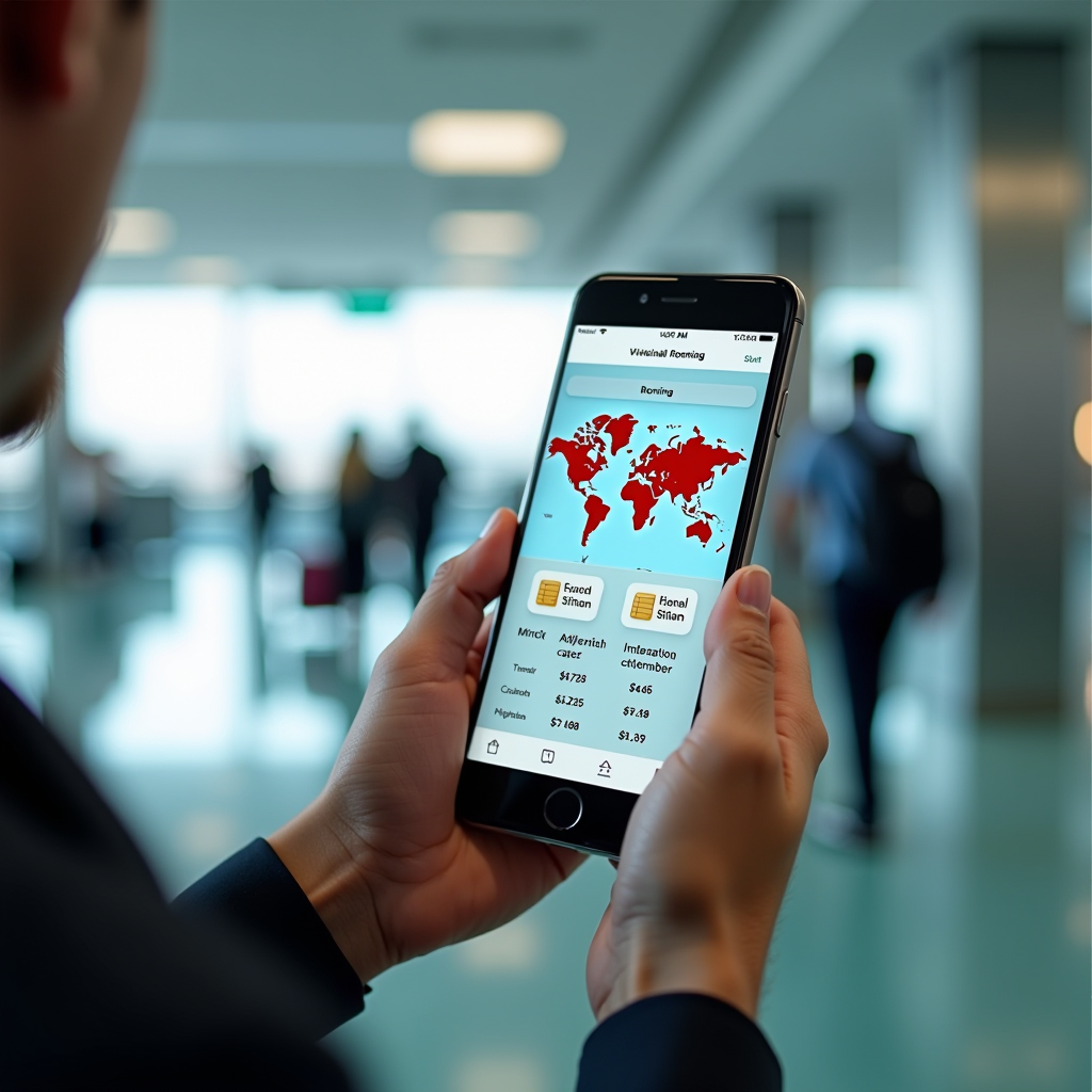 Traveler at airport holding smartphone with international roaming notification, world map showing roaming coverage, and comparison of local SIM cards versus international data packages from Omani mobile operators