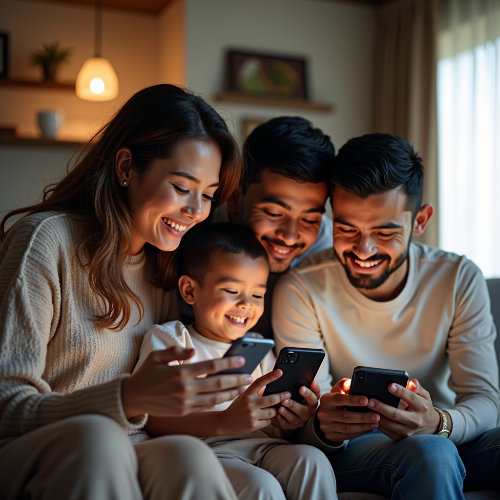 Happy Omani family using smartphones together at home, multiple mobile devices connected to shared data plan, family members of different ages with their phones showing connectivity